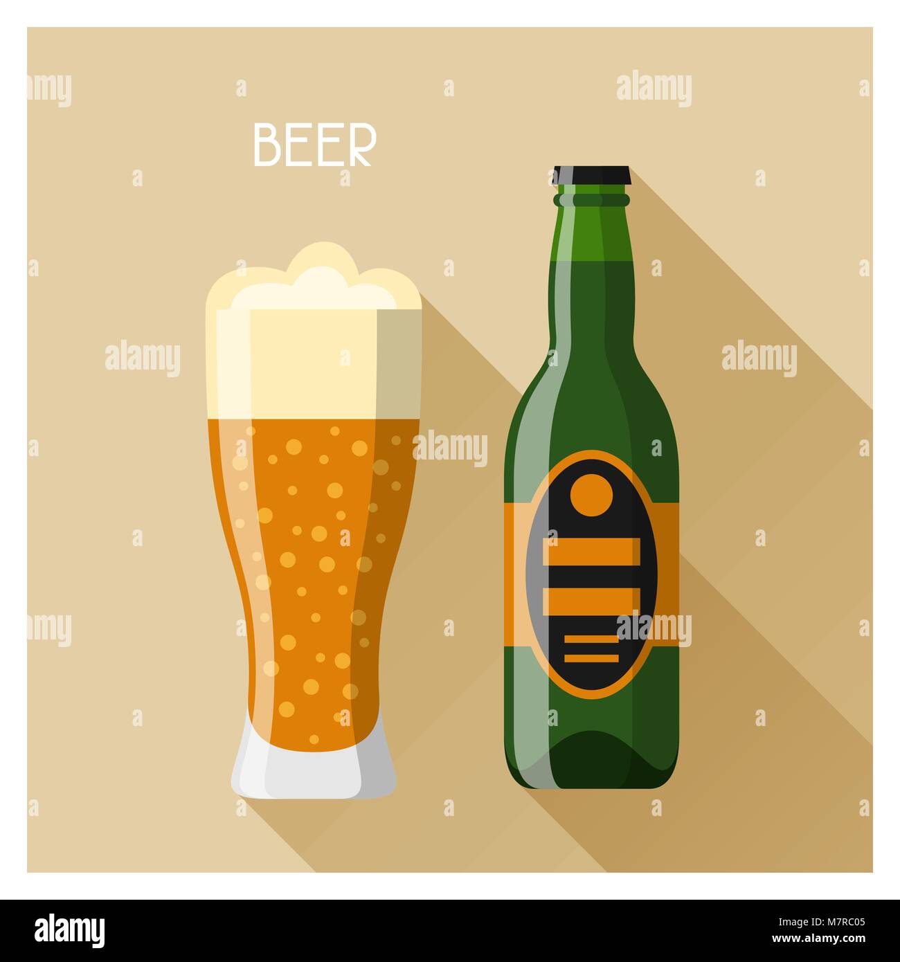 Bottiglia e bicchiere di birra in flat uno stile di design Illustrazione Vettoriale