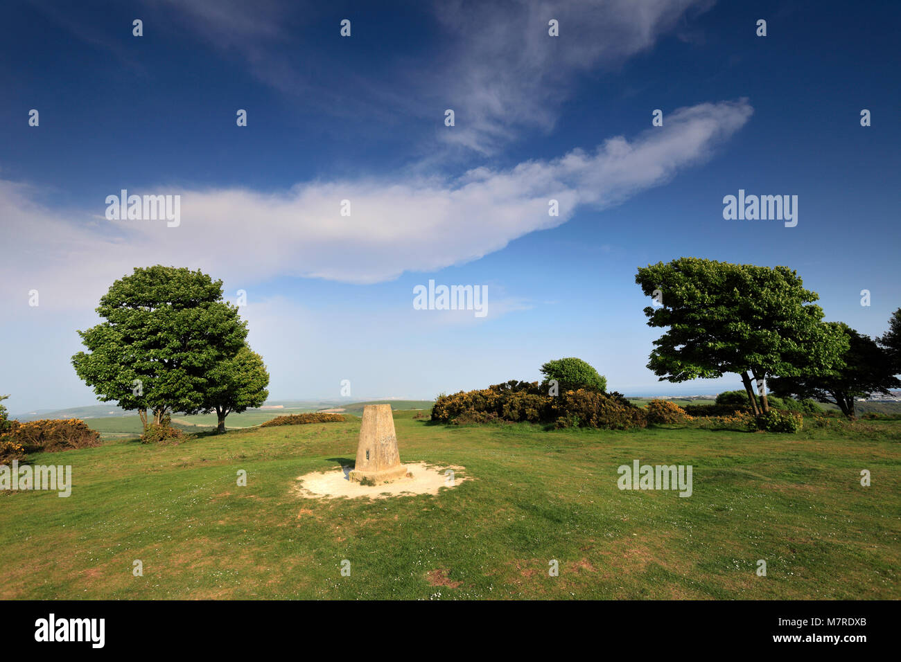 OS Trig punto a Cissbury Ring, vicino a Findon village, South Downs National Park, Sussex, England, Regno Unito Foto Stock