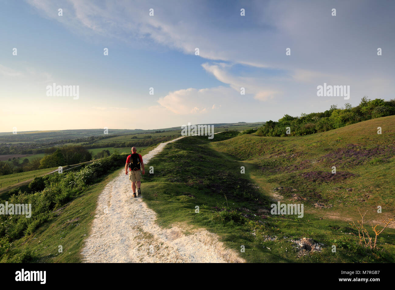 Walker a Cissbury Ring, vicino a Findon village, South Downs National Park, Sussex, England, Regno Unito Foto Stock