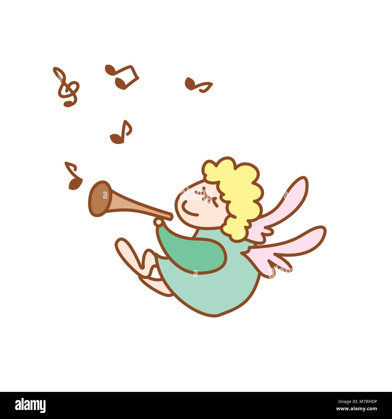 Illustrazione del piccolo angelo volante con flauto e nota su sfondo bianco Illustrazione Vettoriale