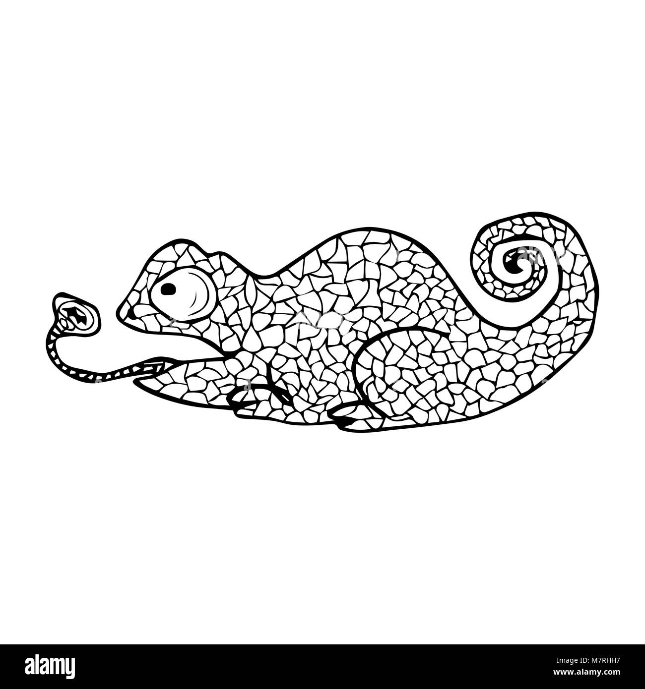 Illustrazione Vettoriale di Chameleon con doodle pattern. Pagina di colorazione - zendala, design per il relax per gli adulti Illustrazione Vettoriale