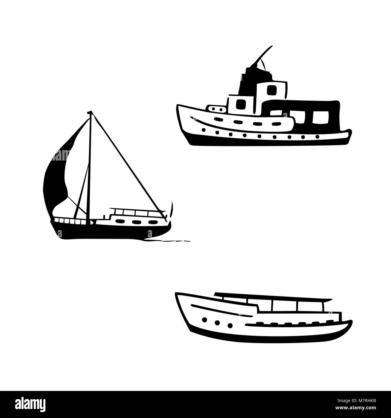 Ocean per il trasporto. Barche a vela e a motore, yacht, con una barca a motore. Illustrazione Vettoriale