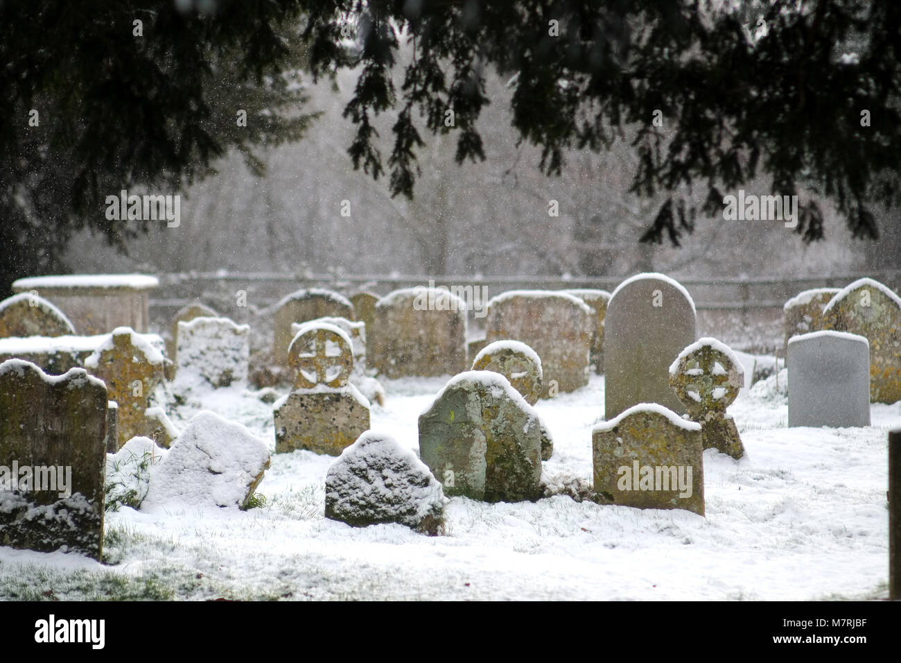 Coperta di neve cimitero in un villaggio chiesa mature, East Sussex. Foto Stock