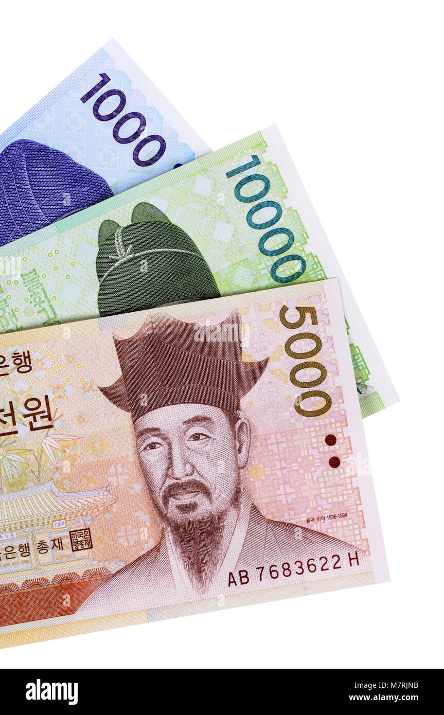 Set di won coreano valuta le fatture isolato su uno sfondo bianco. Foto Stock