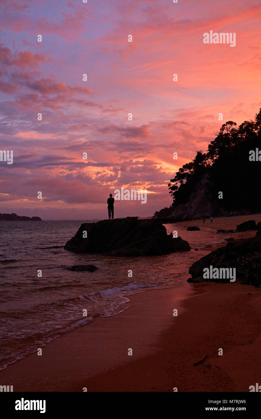 Persona sulla roccia di osservazione in spiaggia al tramonto, il Parco Nazionale Abel Tasman Nelson Regione, Isola del Sud, Nuova Zelanda (modello rilasciato) Foto Stock