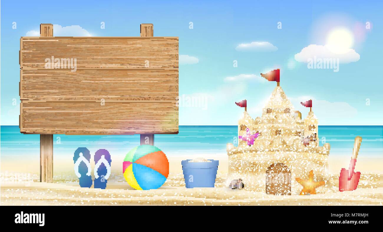 Pannello di legno segno sulla sabbia di mare spiaggia con castello di sabbia Illustrazione Vettoriale