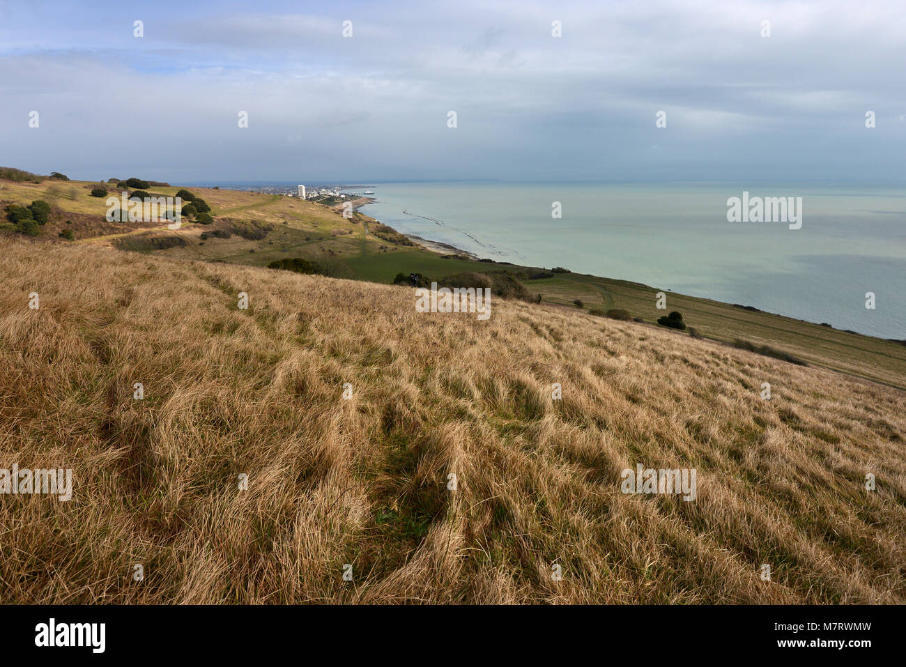 Eastbourne, East Sussex, visto in prossimità del punto di fine del South Downs modo vicino a Beachy Head. Foto Stock
