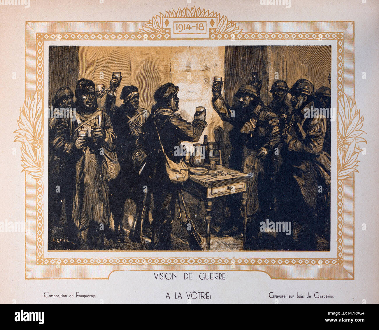 Incisione su legno di WW1 "ciao", originariamente pubblicato nel 1920 libro francese "La guerre racontée par nos généraux' (la guerra raccontata dai nostri generali) da FAYOLLE (Maréchal) et DUBAIL (Général). Foto Stock