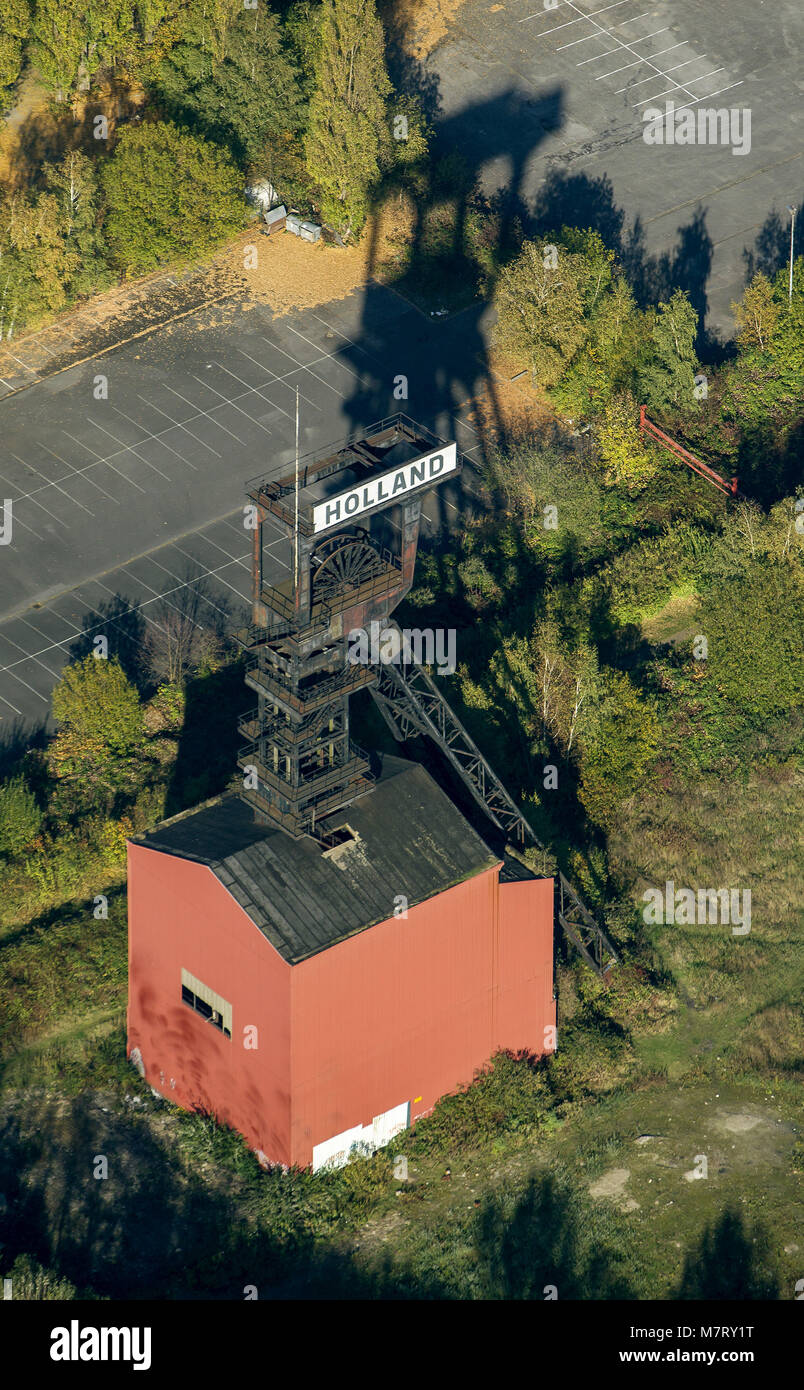 Vista aerea, Zeche Holland, headframe, Bochum Wattenscheid, Ruhr, Renania settentrionale-Vestfalia, in Germania, in Europa, gli uccelli occhi vista, Vista aerea, antenna fotogr Foto Stock