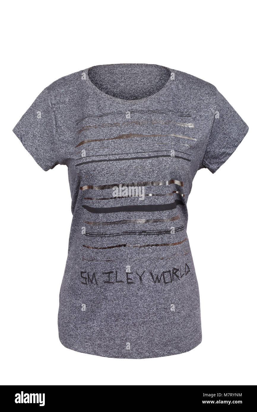 Ladies' t-shirt con 'Smiley World' firmare, isolato su bianco Foto Stock