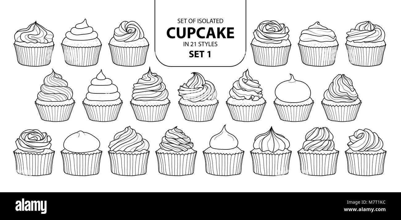 Set di cupcake isolati in 21 set di stili 1. Carino disegnato a mano in dessert contorno nero e il piano bianco su sfondo bianco. Illustrazione Vettoriale