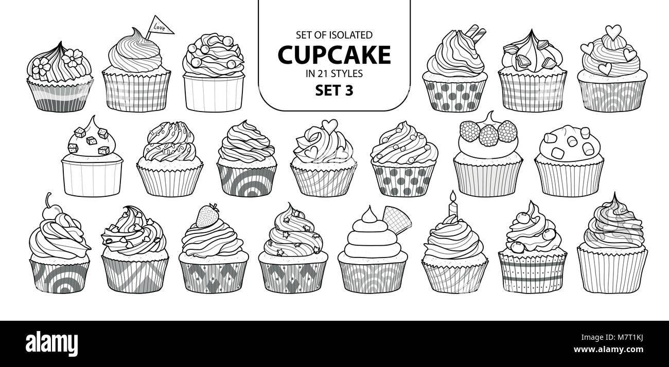 Set di cupcake isolati in 21 set di stili 3. Carino disegnato a mano in dessert contorno nero e il piano bianco su sfondo bianco. Illustrazione Vettoriale