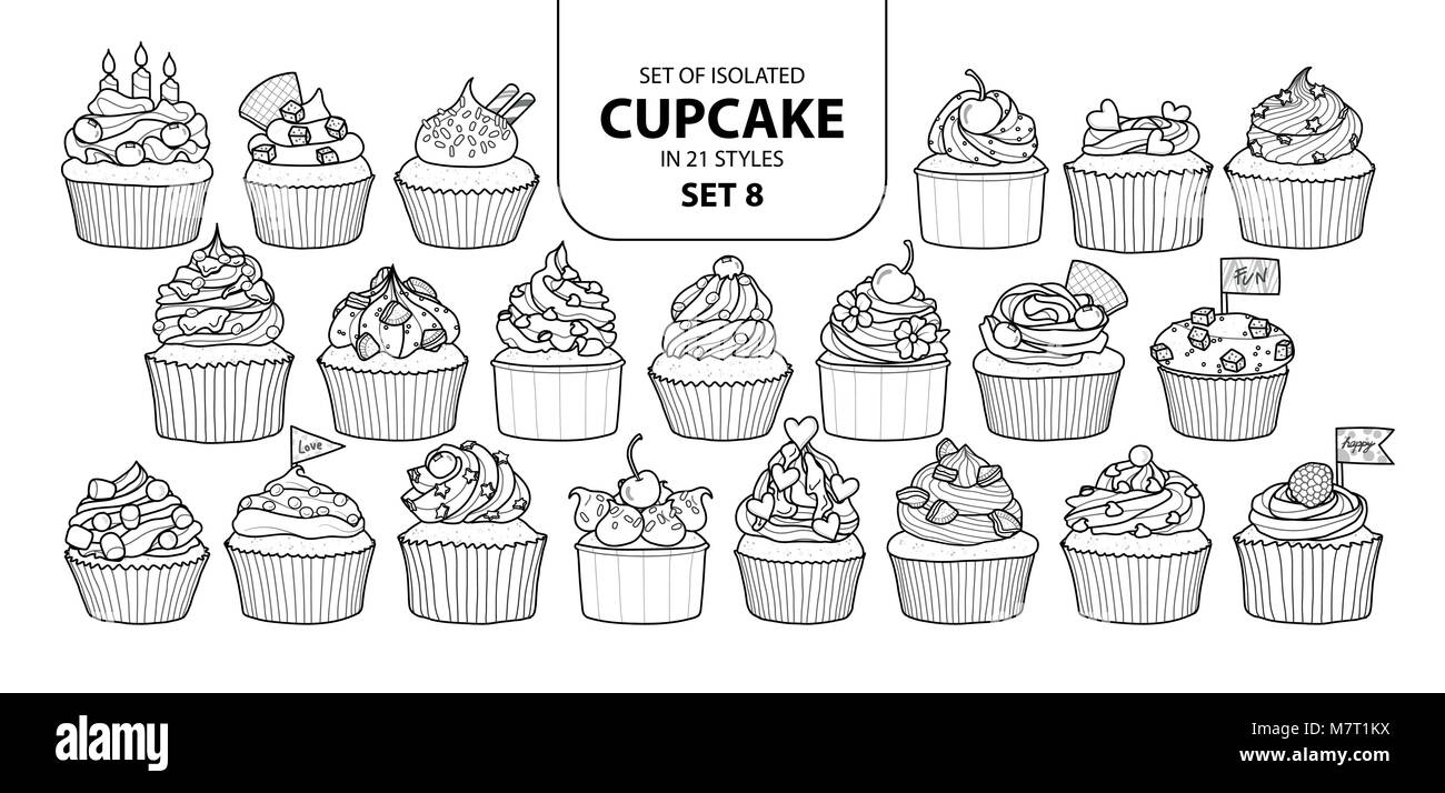 Set di cupcake isolati in 21 stili set 8. Carino disegnato a mano in dessert contorno nero e il piano bianco su sfondo bianco. Illustrazione Vettoriale