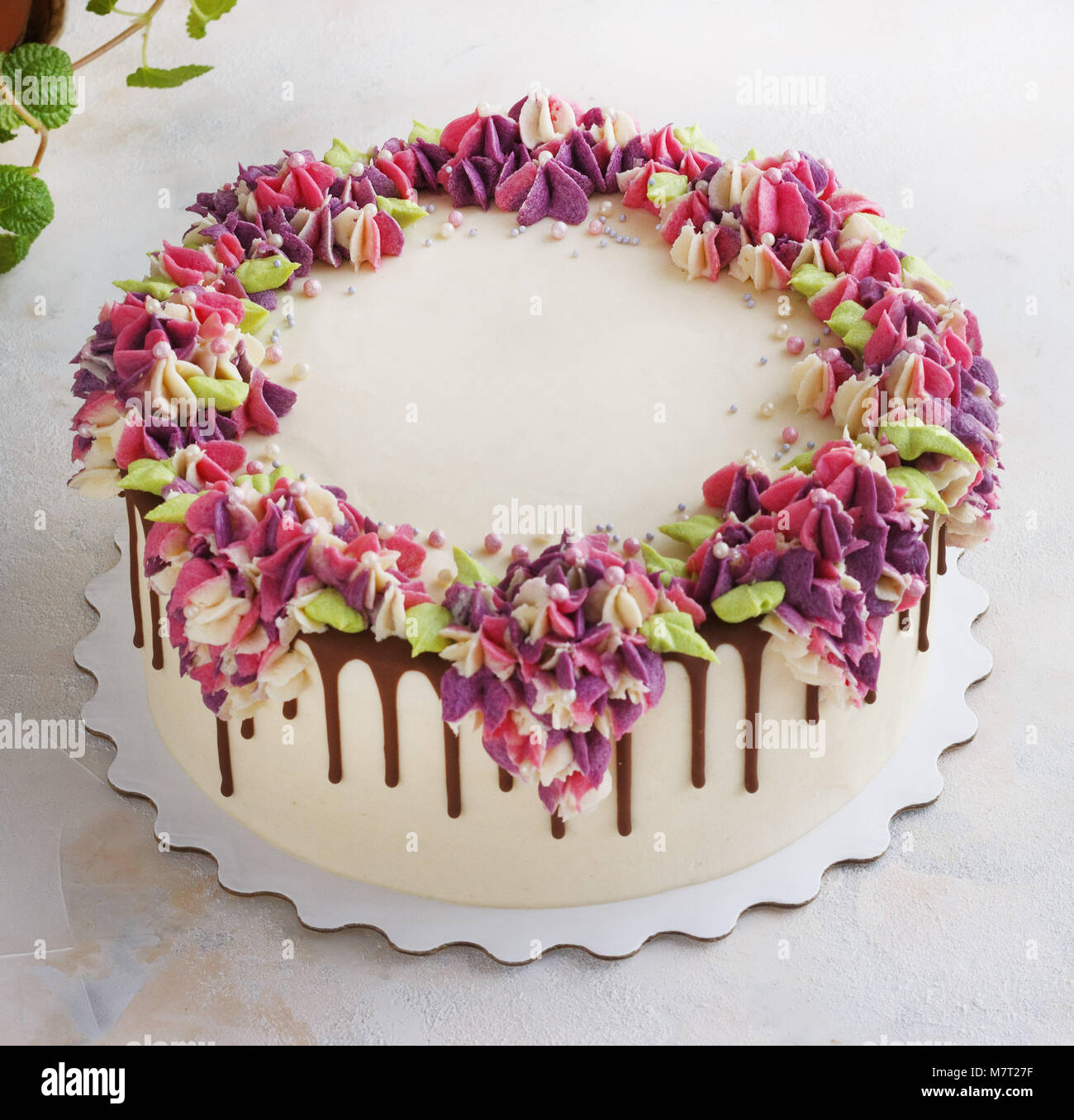 Festosa torta con crema di hydrangea fiori su uno sfondo luminoso Foto Stock