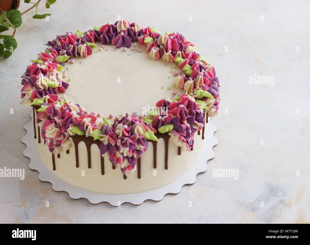 Festosa torta con crema di hydrangea fiori su uno sfondo luminoso Foto Stock