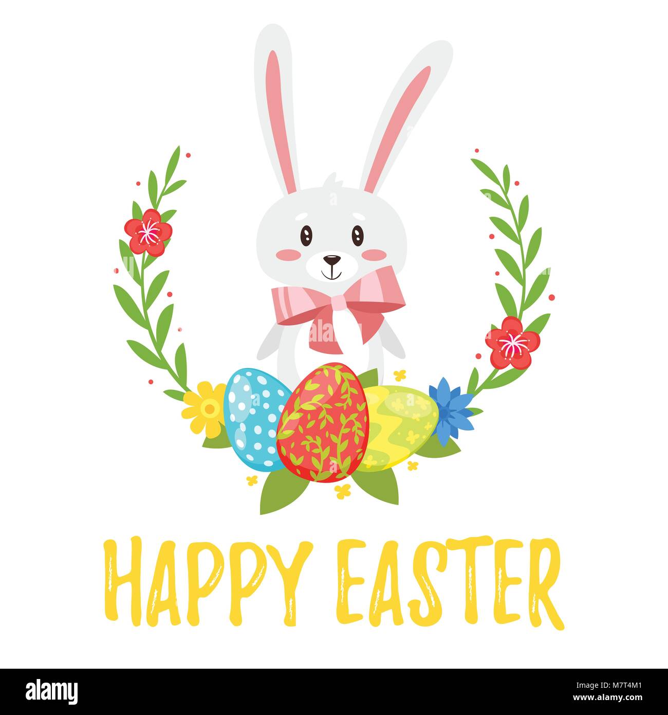 Vettore stile fumetto illustrazione del giorno di Pasqua biglietto di auguri con cute bunny con fiocco rosa. Ghirlanda floreale con uova di vacanza. Felice Pasqua di testo. Illustrazione Vettoriale