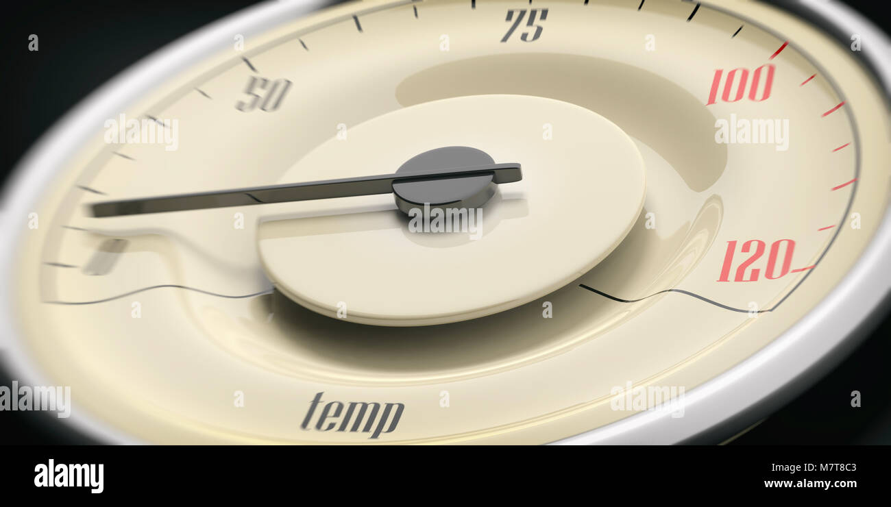 Auto indicatore di temperatura. Auto d'epoca, manometro closeup dettagli su sfondo nero. 3d illustrazione Foto Stock
