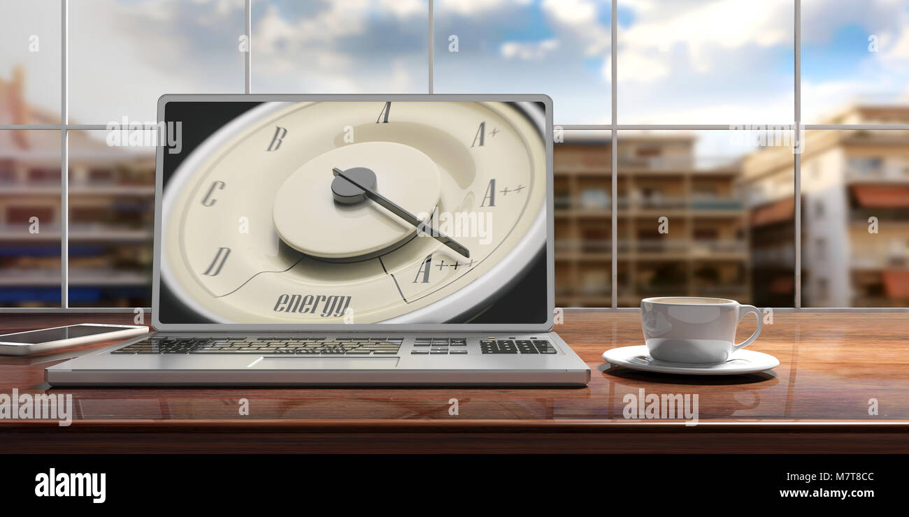 Efficienza energetica del concetto. Auto d'epoca, indicatore sullo schermo di un computer, città di sfocatura dello sfondo. 3d illustrazione Foto Stock