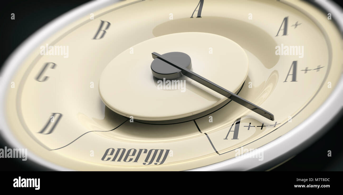 Efficienza energetica del concetto. Auto d'epoca tachimetro indicatore closeup dettaglio, sfondo nero. 3d illustrazione Foto Stock