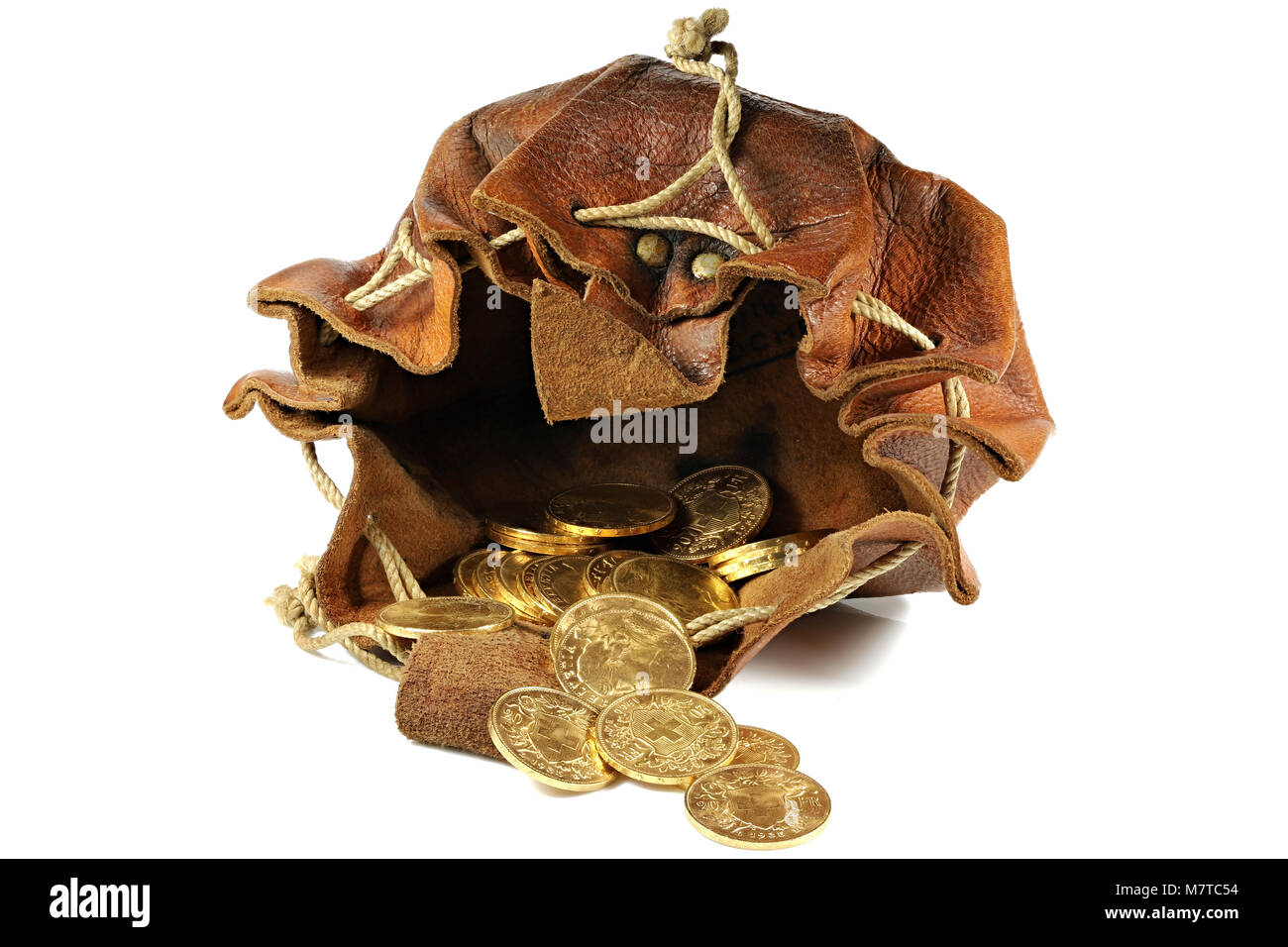 Swiss Vreneli monete d oro in un portafoglio in pelle isolato su sfondo Foto Stock