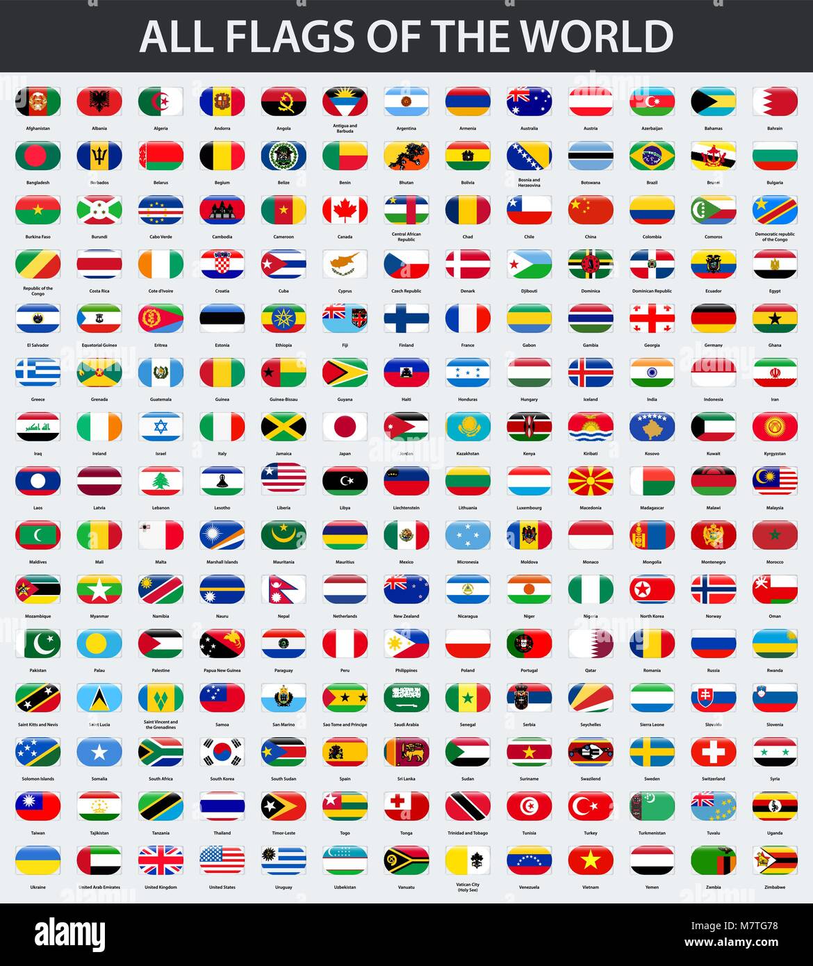 Tutte le bandiere del mondo in ordine alfabetico. Rettangolo stile lucido Illustrazione Vettoriale
