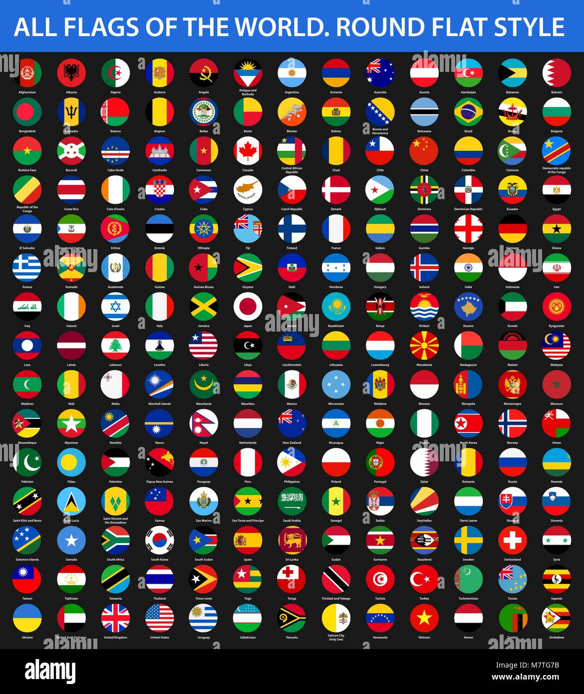Tutte le bandiere del mondo in ordine alfabetico. Round flat style Illustrazione Vettoriale