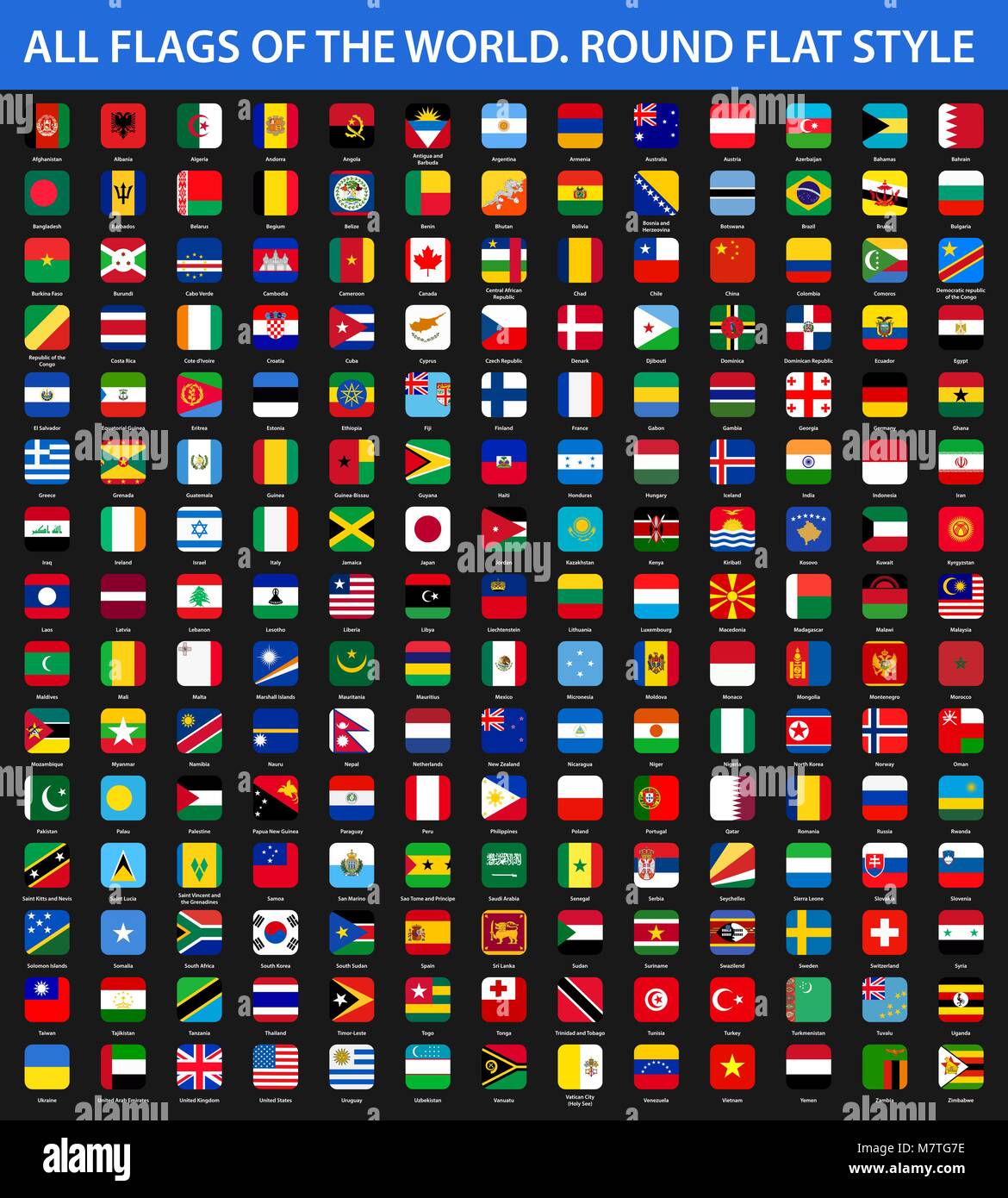 Tutte le bandiere del mondo in ordine alfabetico. Round flat style Illustrazione Vettoriale