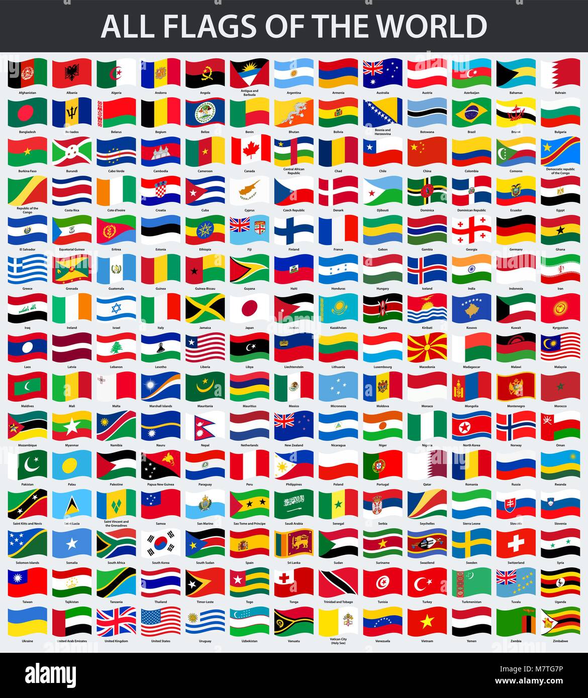Tutte le bandiere del mondo in ordine alfabetico. Sventolando style Illustrazione Vettoriale
