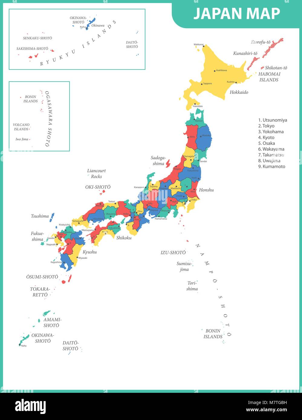 La mappa dettagliata del Giappone con le regioni o gli stati e le città capitali Illustrazione Vettoriale