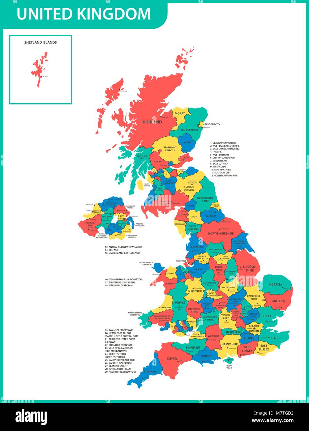 La mappa dettagliata del Regno Unito con le regioni o gli stati e le città capitali. Corrente effettiva pertinenti, Regno Unito Gran Bretagna devision amministrativa. Illustrazione Vettoriale