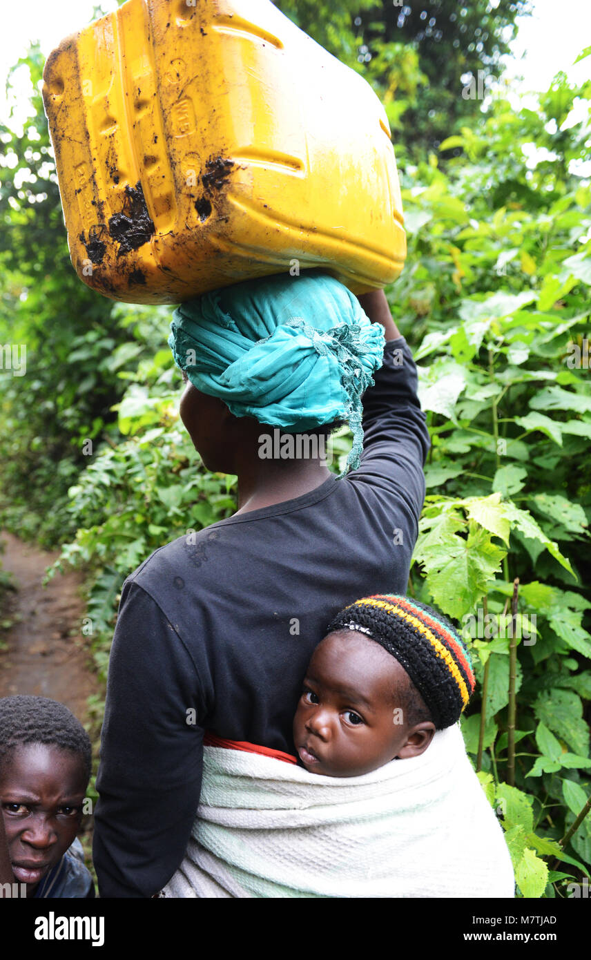 Portare l'acqua di ritorno al loro villaggio. Foto Stock