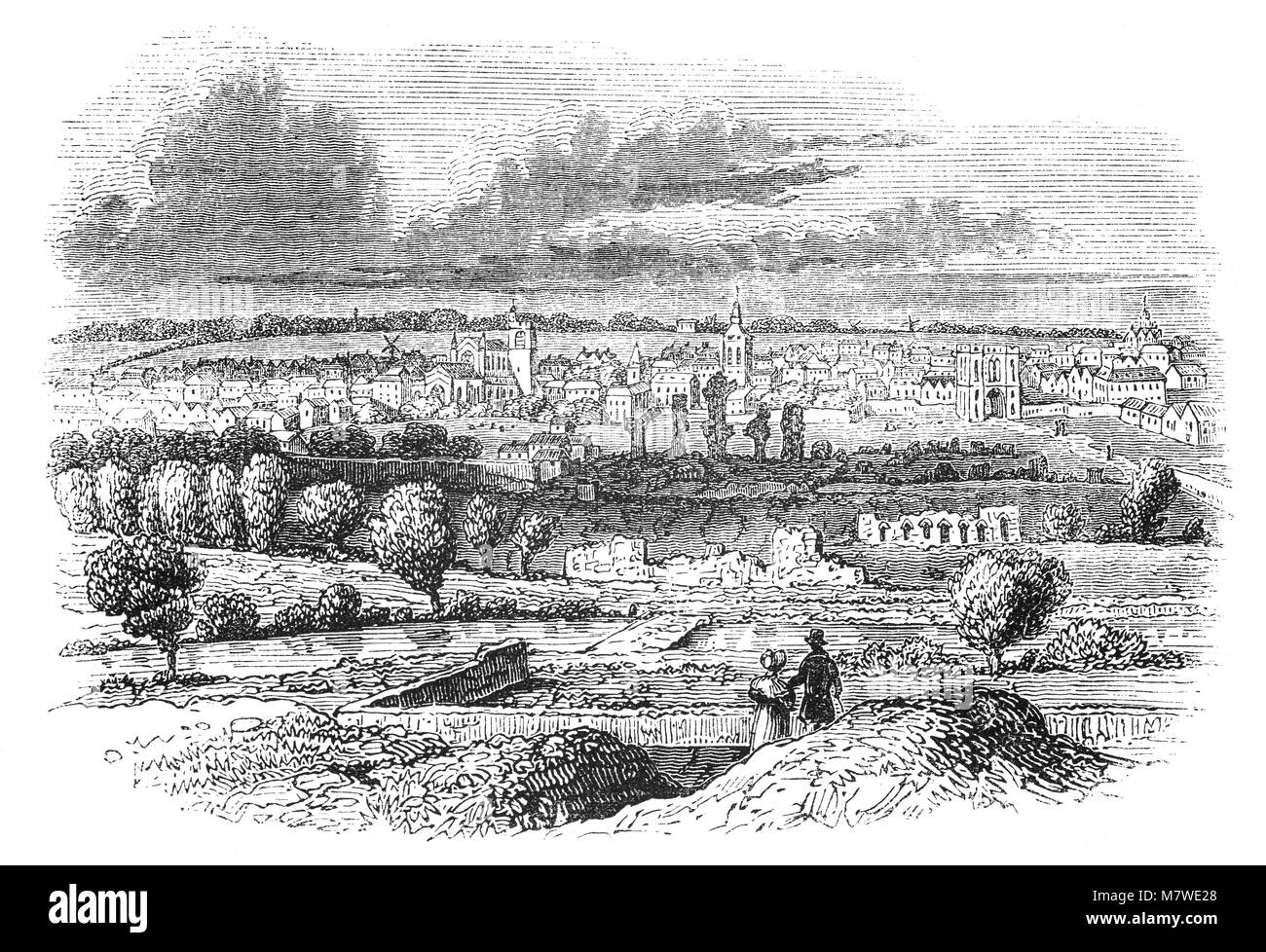 Una vista panoramica di Bury St Edmunds con il revival gotico St Edmundsbury Cathedral e Gateway normanna dell'abbazia che sovrasta la cittadina di Bury St Edmunds. Suffolk, Inghilterra. La città è un centro di pellegrinaggio, essendo il luogo di sepoltura del martire anglosassone-re Saint Edmund, ucciso dai grandi nazioni esercito di danesi nel 869, Suffolk, Inghilterra Foto Stock