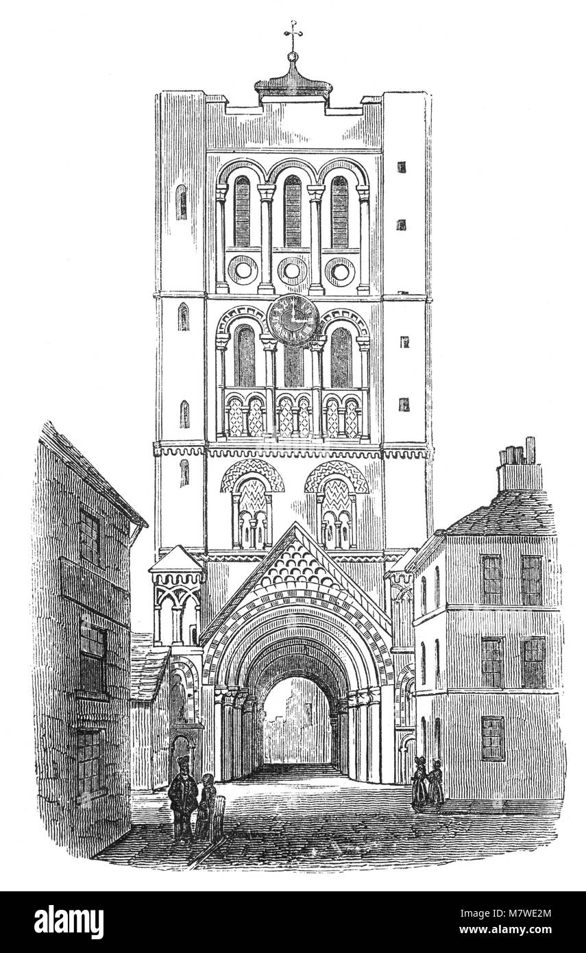 Il Gateway normanna dell'abbazia, una volta tra i più ricchi monasteri benedettini in Inghilterra, fino alla dissoluzione dei monasteri nel 1539. Esso è stato il luogo di sepoltura del martire anglosassone-re Saint Edmund, ucciso dai grandi nazioni esercito di danesi nel 869 e divenne un centro di pellegrinaggio, Suffolk, Inghilterra Foto Stock