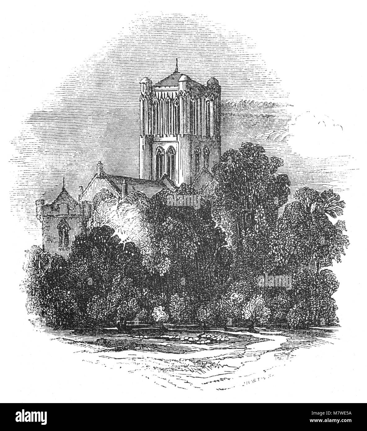 Pershore Abbey, a Pershore in Worcestershire, Inghilterra. L'edificio principale è stato iniziato in circa 1100 e sciolto nel 1539. La chiesa abbaziale è rimasto in uso come chiesa parrocchiale. Ulteriori modifiche sono state effettuate, compreso un restauro da George Gilbert Scott nel 1862-64. Il suo lavoro ha incluso la rimozione del pavimento del campanile e l' apertura della torre lanterna per esporre la bella tracery interno carenatura. Foto Stock