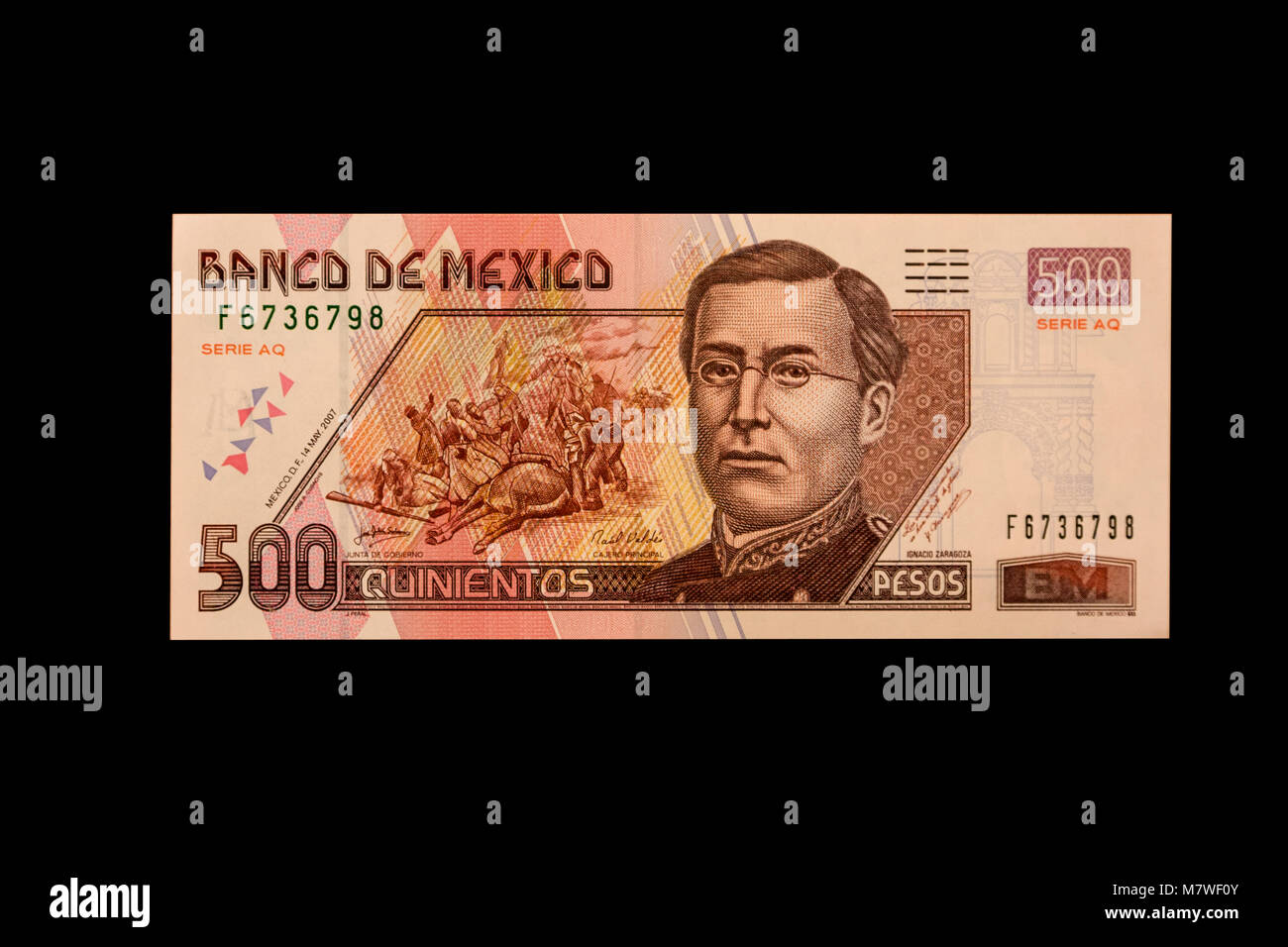 Messico. Cinquecento Pesos banconota, mostra Ignacio Zaragoza, generale messicano che ha sconfitto il francese nella battaglia di Puebla, Cinco de Mayo, 1862. Foto Stock