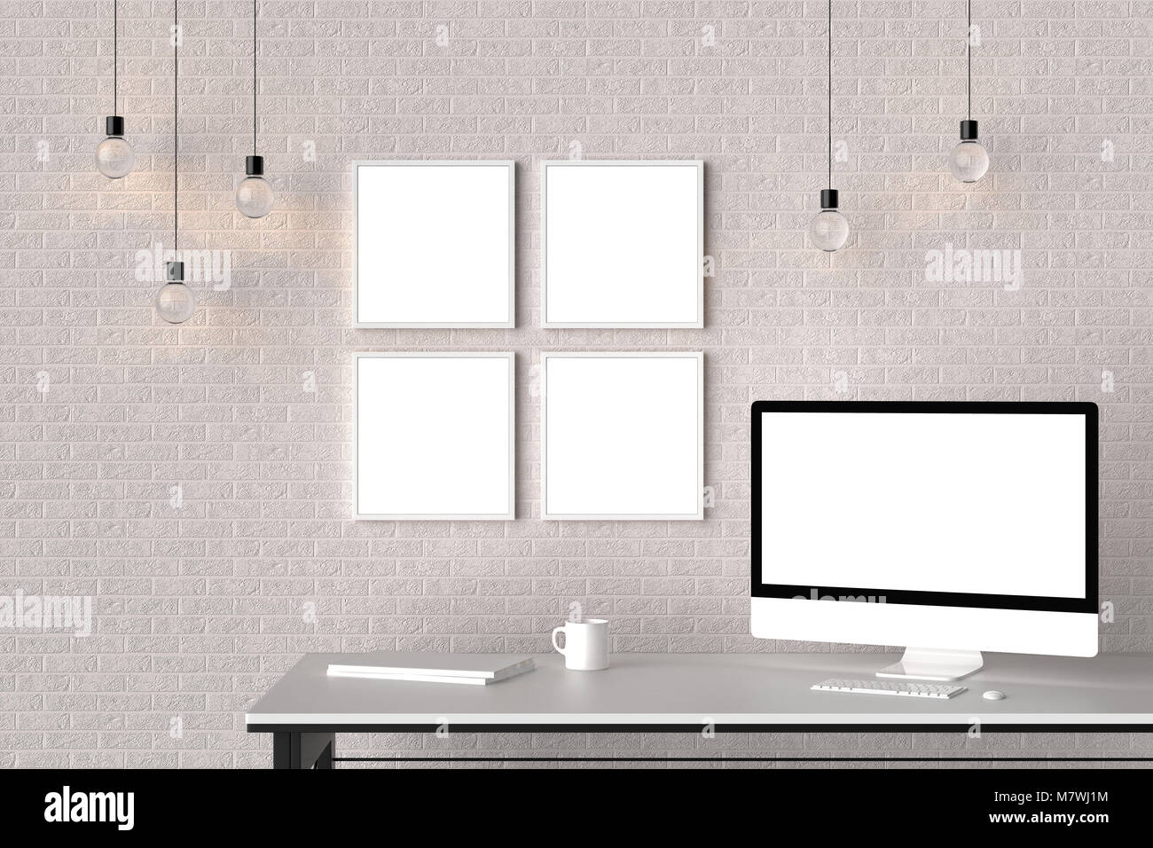Area di lavoro moderno isolato con cornici vuote su un muro di mattoni e isolato sullo schermo del computer. 3D illustra Foto Stock