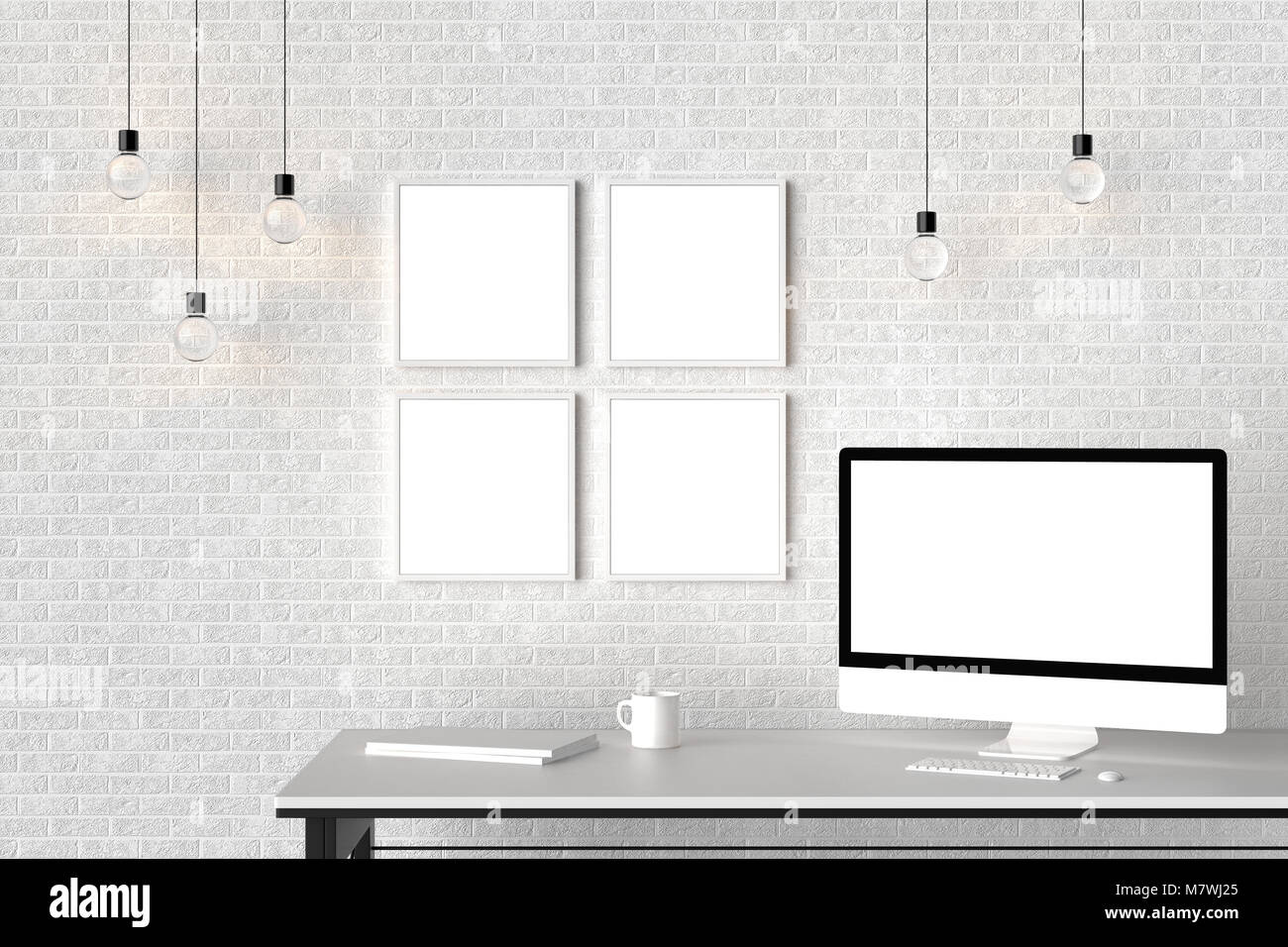 Area di lavoro moderno isolato con cornici vuote su un muro di mattoni e isolato sullo schermo del computer. 3D illustra Foto Stock
