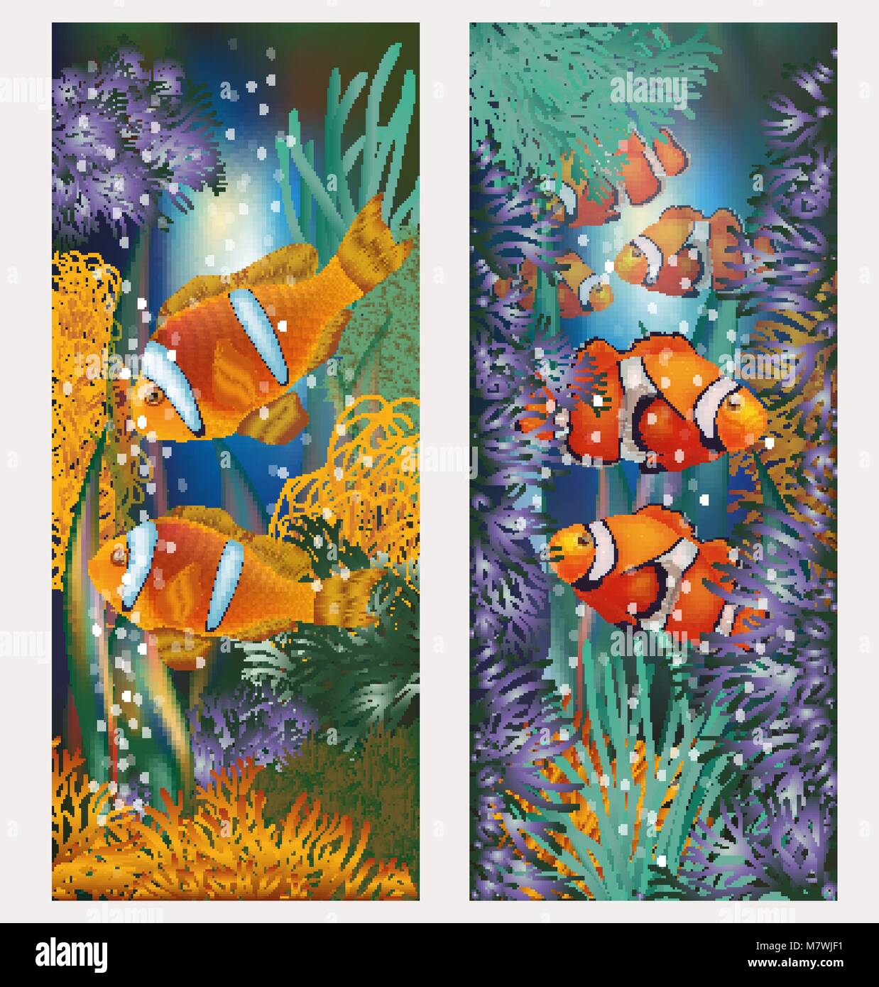 Banner di subacquea con clownfish, illustrazione vettoriale Illustrazione Vettoriale