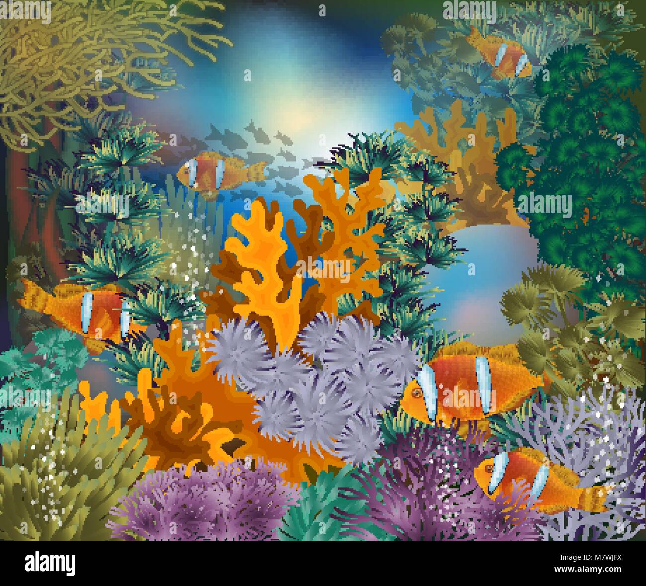 Subacquea scheda tropicale con clownfish, illustrazione vettoriale Illustrazione Vettoriale