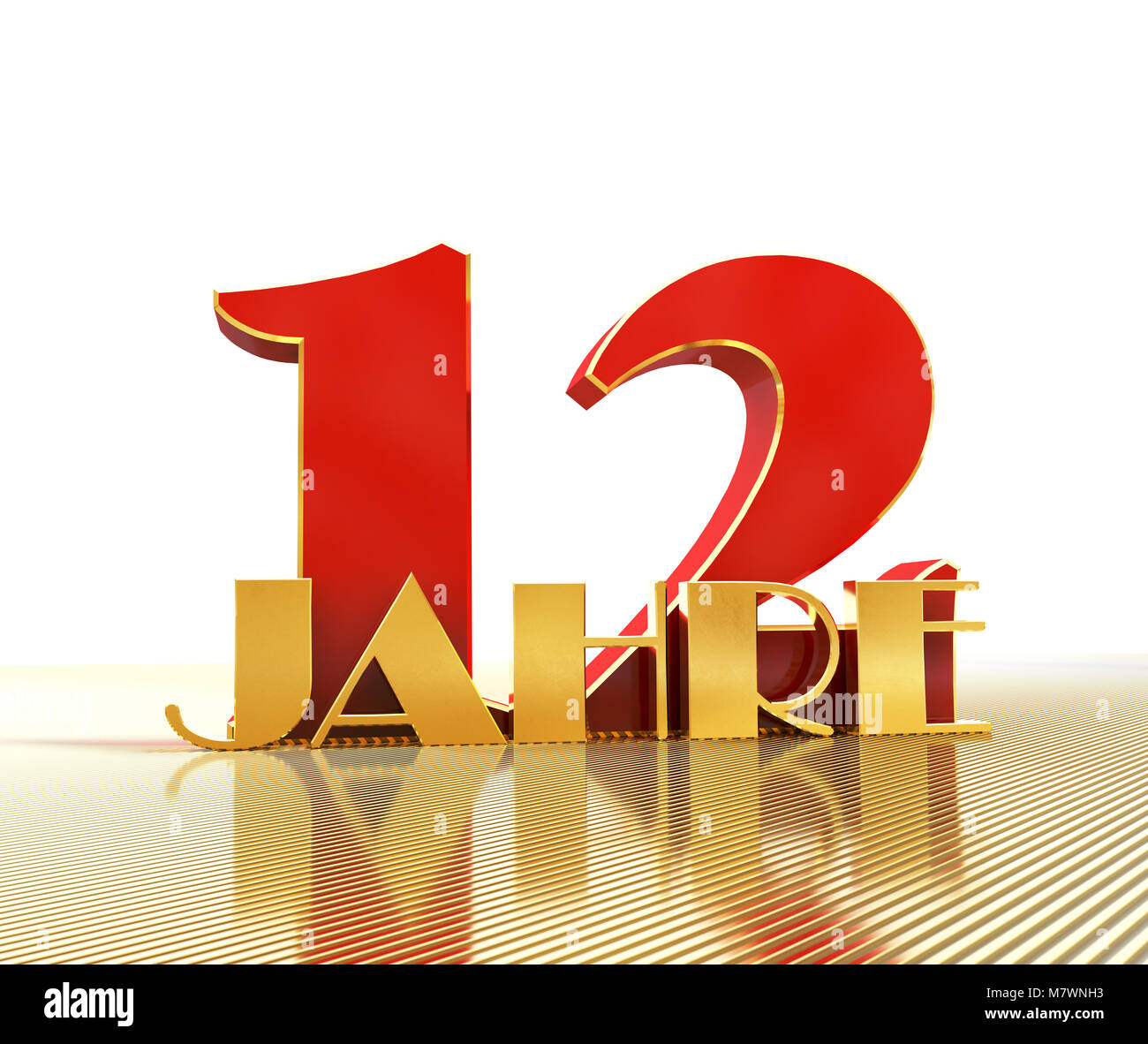 Golden numero dodici (numero 12) e la parola "anni" contro lo sfondo della prospettiva di linee d'oro. Traduzione dal tedesco - anni. 3D illus Foto Stock