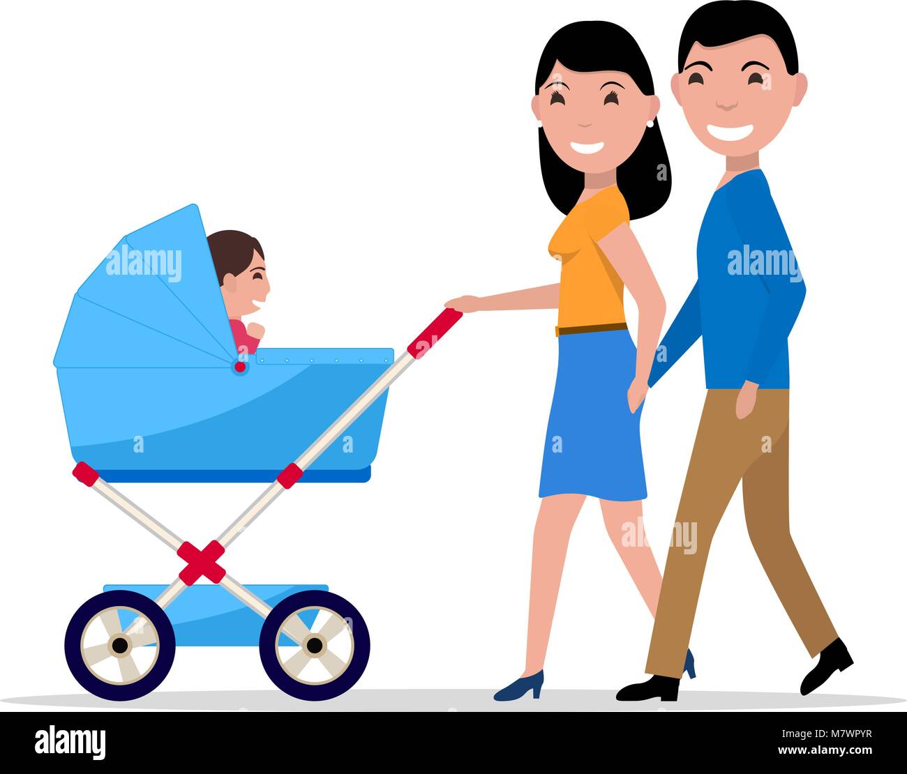 Vector matura i genitori con un passeggino e un bambino Illustrazione Vettoriale