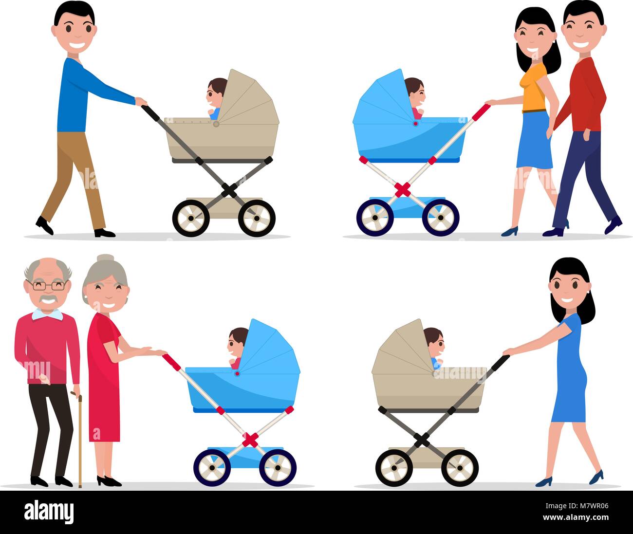 Caratteri vettoriali i genitori con un passeggino un bambino Illustrazione Vettoriale