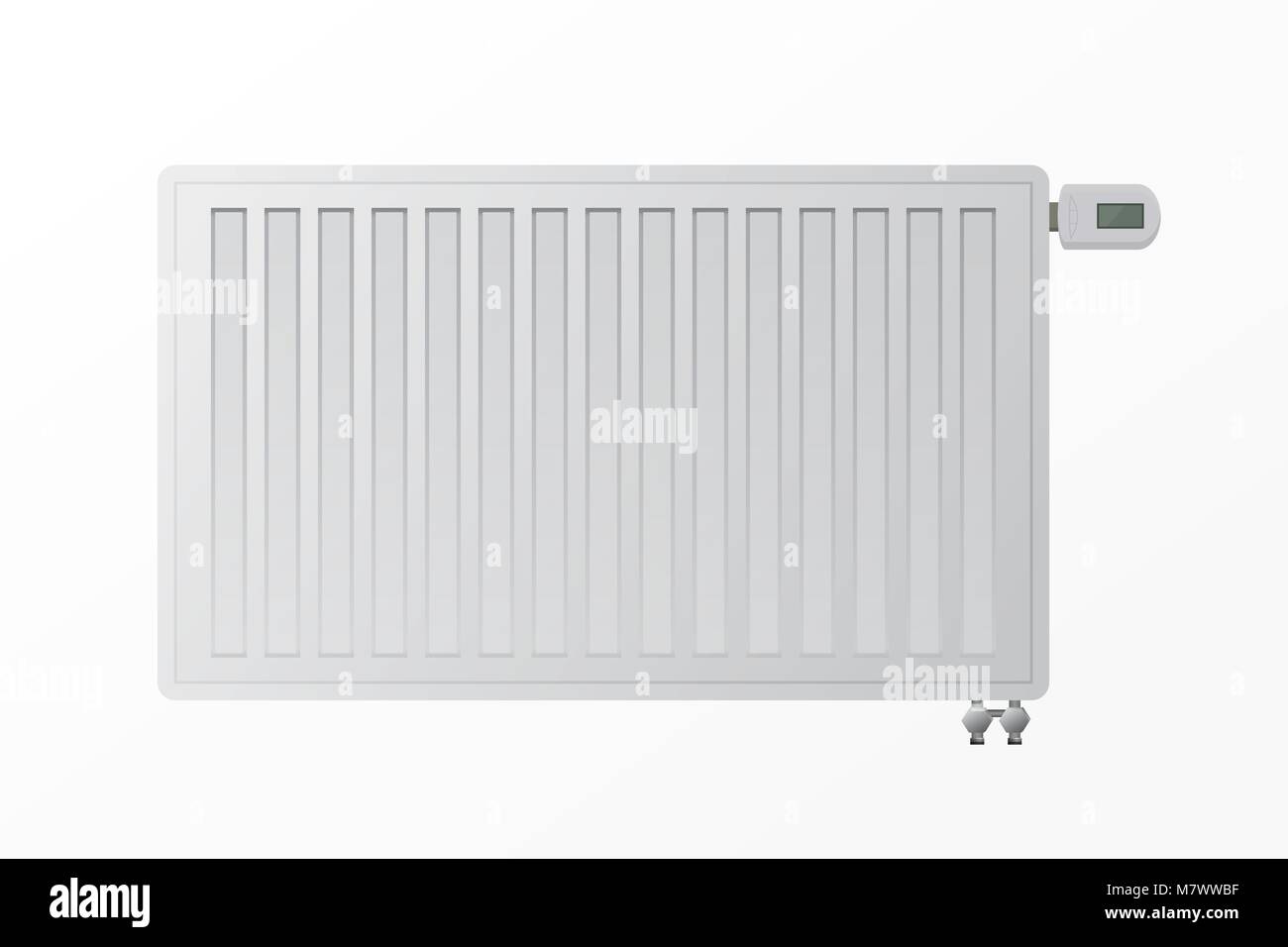 Il riscaldamento del pannello in acciaio radiatore per sistemi HVAC su uno sfondo bianco. Il collegamento inferiore del riscaldatore. Controller elettronico illustrazione vettoriale. P Illustrazione Vettoriale