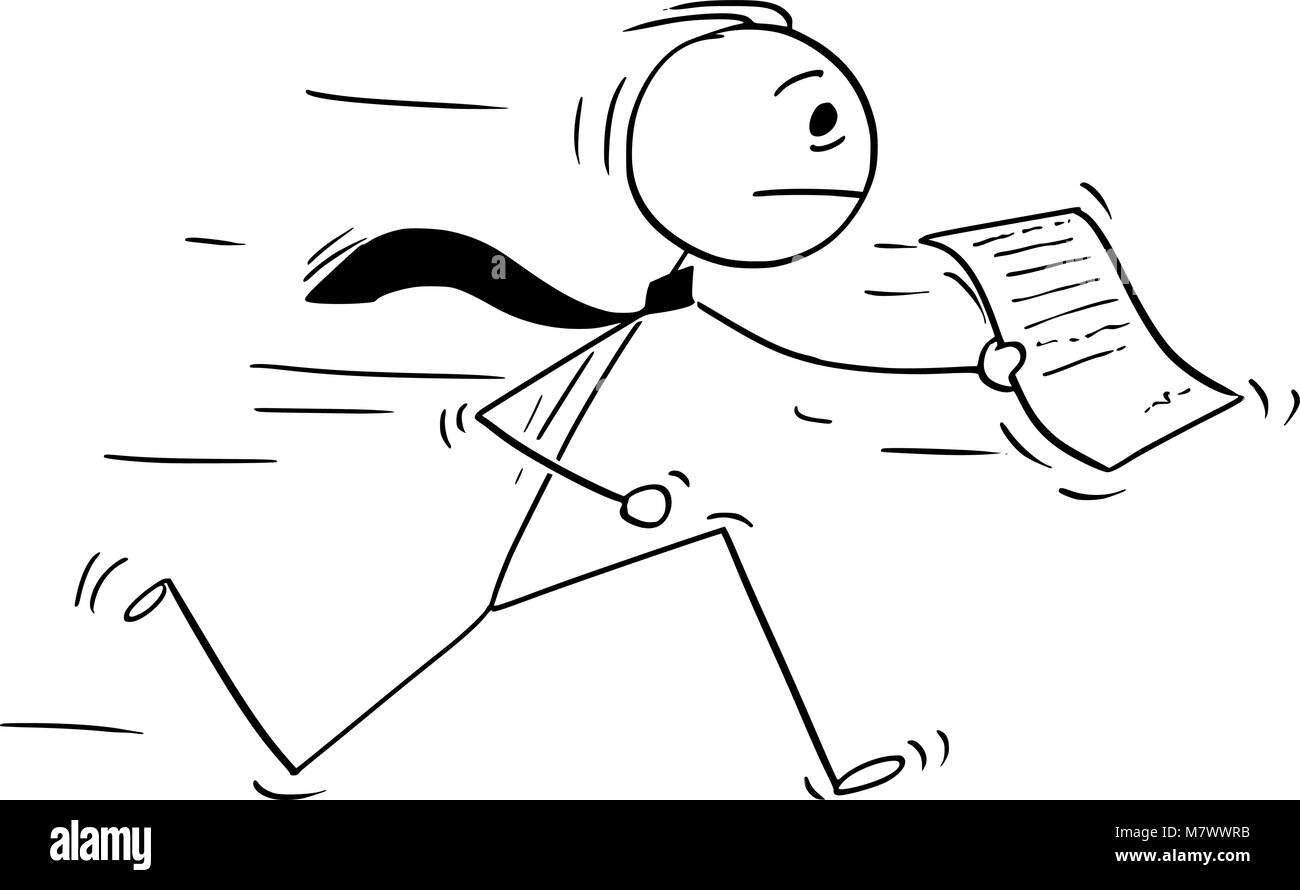Cartoon di imprenditore in esecuzione con un pezzo di carta o un documento Illustrazione Vettoriale