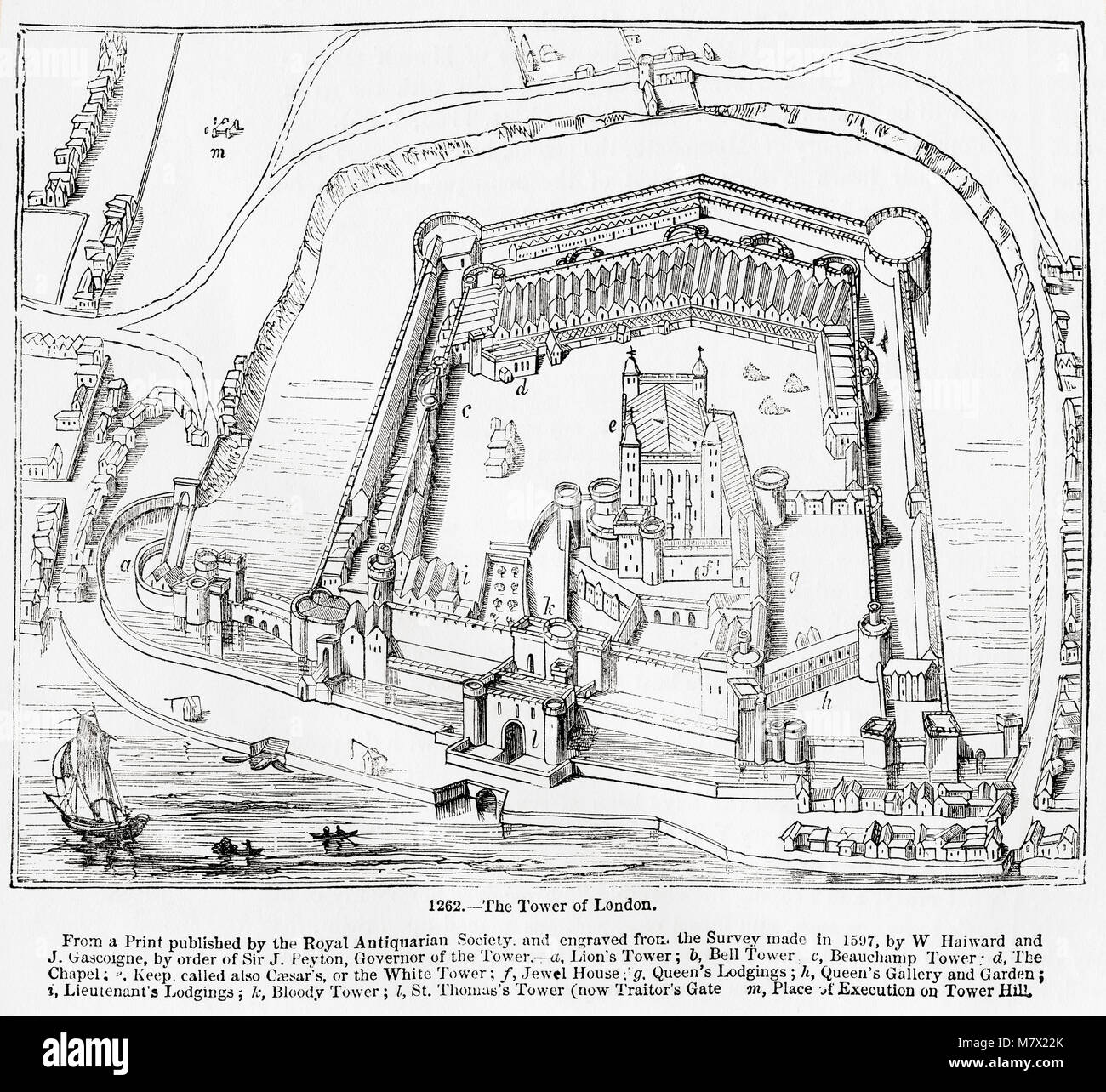 La Torre di Londra. Da una stampa pubblicati dall'antiquario Royal Society e incisi dall'indagine effettuata nel 1597, da W. Haiward e J. Gascoigne, per ordine di Sir J. Peyton, governatore della Torre - un, Leone la torre B, Torre Campanaria c, Beauchamp Tower d, la cappella e mantenere detta anche di Cesare o la Torre Bianca f, Jewel House g, Queen's filoni, h, Queen's Galleria e giardino i, luogotenente di filoni k, Bloody Tower l, St Thomas's Tower (ora traditore's Gate) m, luogo di esecuzione su Tower Hill. Da Vecchia Inghilterra: un museo pittorico, pubblicato nel 1847. Foto Stock