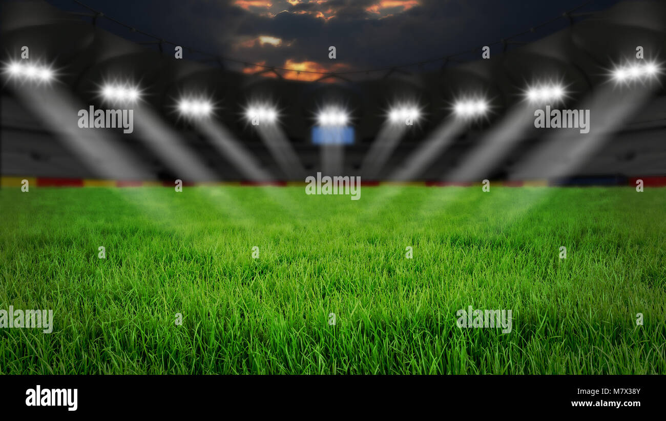 Arena vuota con erba verde illuminazione notturna Foto Stock