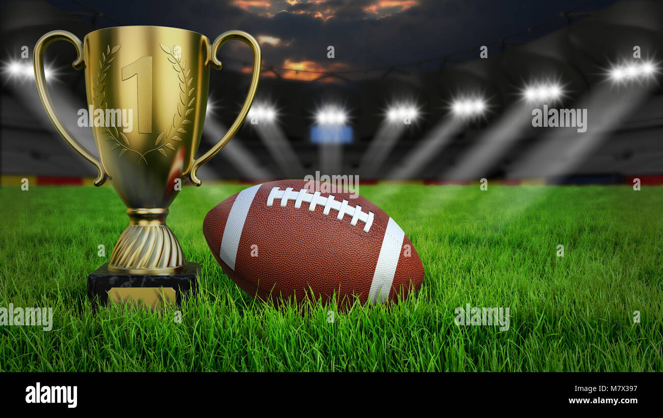 American Football arena con la sfera e il trofeo coppa sull'erba verde illuminazione notturna, rendering 3D Foto Stock