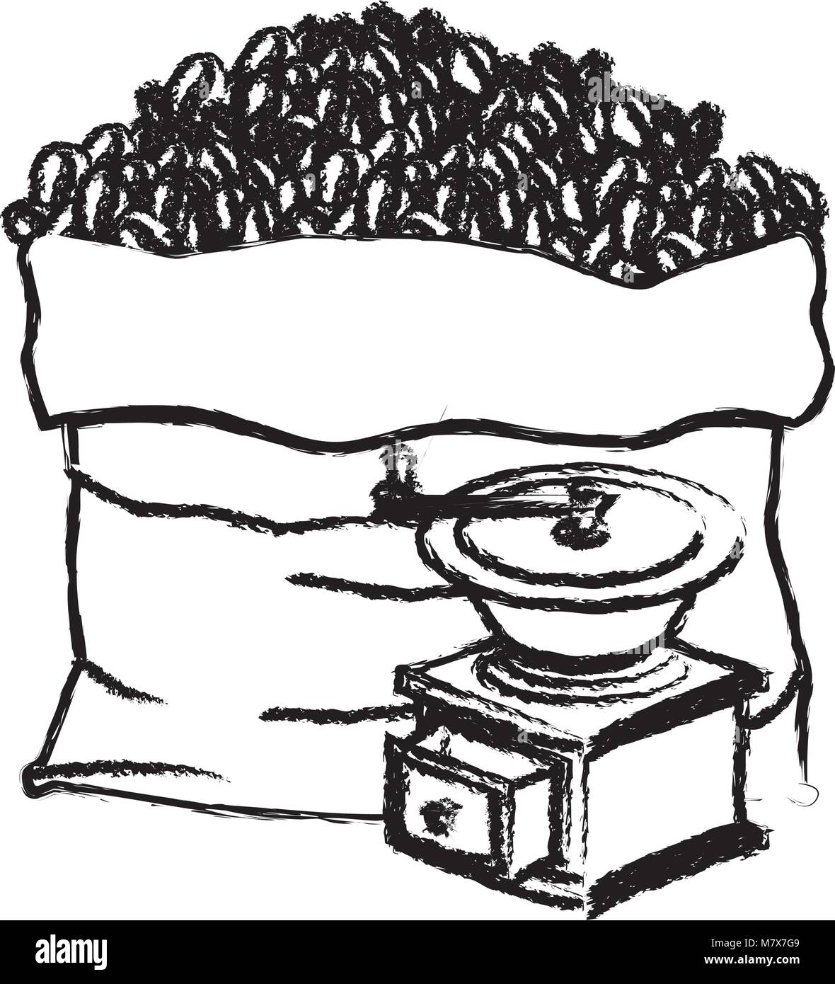 Sacchetto di chicchi di caffè e griding con manovella monocromatiche silhouette sfocata Illustrazione Vettoriale