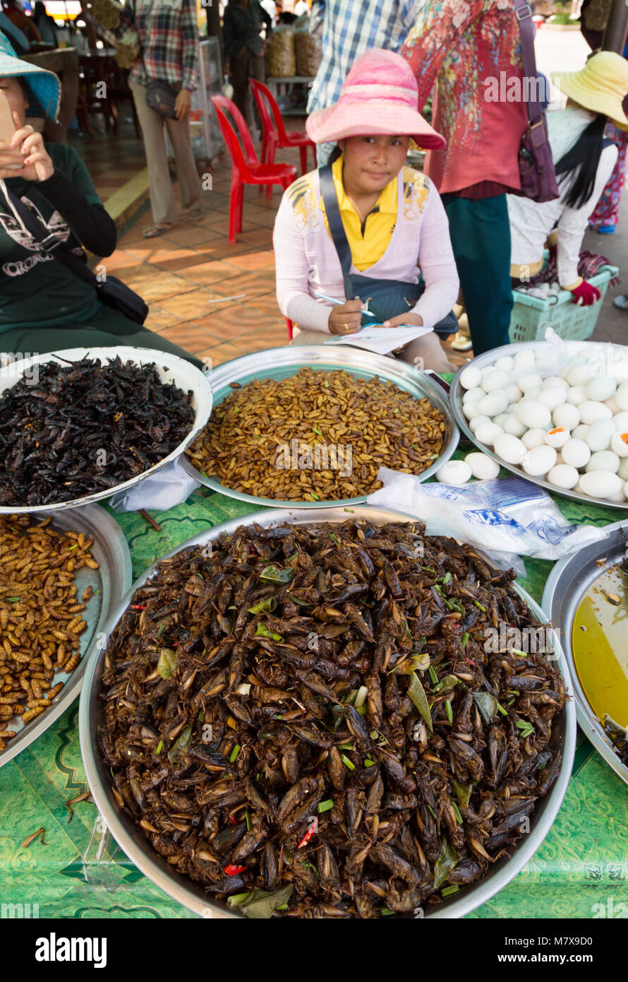 In Cambogia il mercato di insetti - insetti fritti in vendita presso un cibo stallo, Skoun, Cambogia, Asia Foto Stock