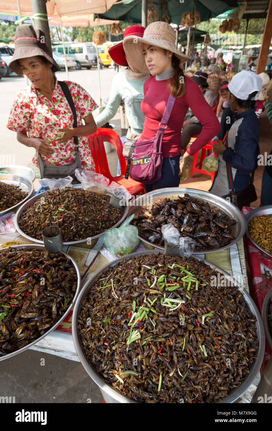 Vendita Stallholders insetti per cibo, Skuon spider mercato o mercato di insetto, Skuon, Cambogia Asia Foto Stock